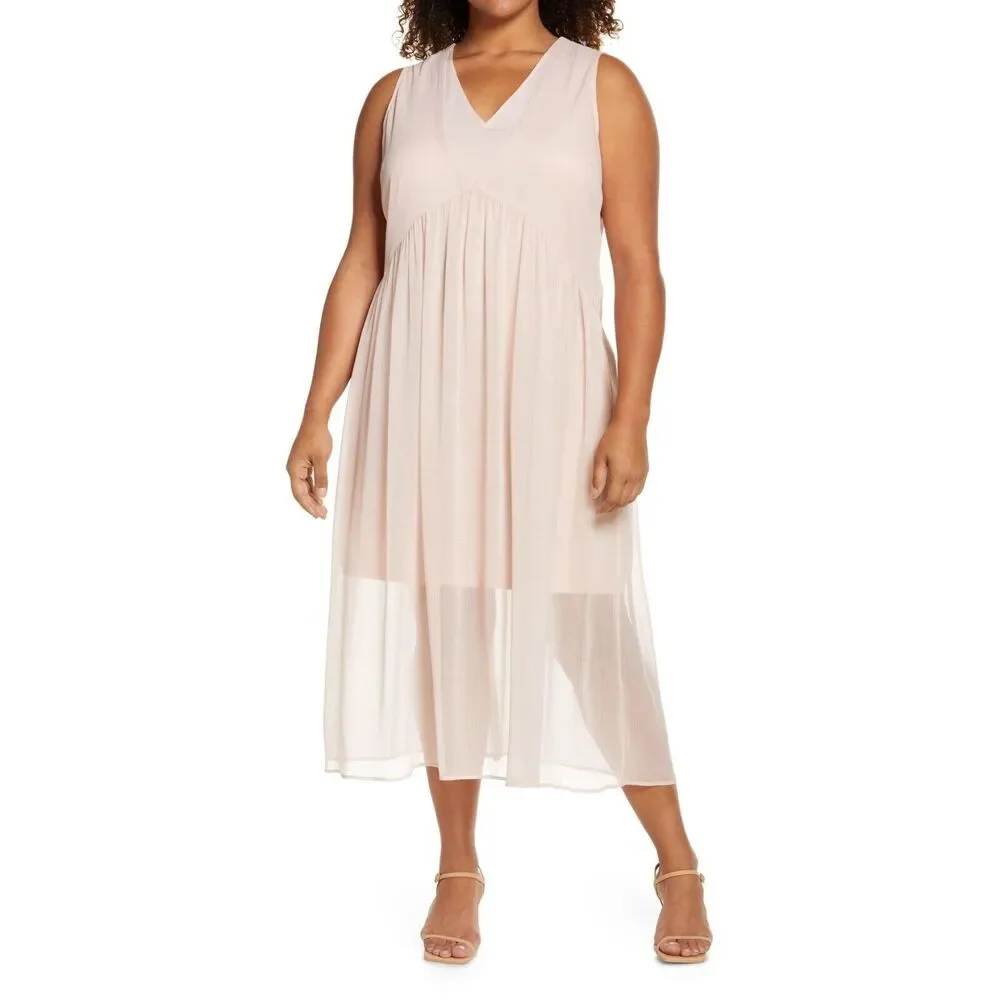Halogen Women Smoke Pink Double V-Neck Airy Layered Chiffon Midi Dress Size XL